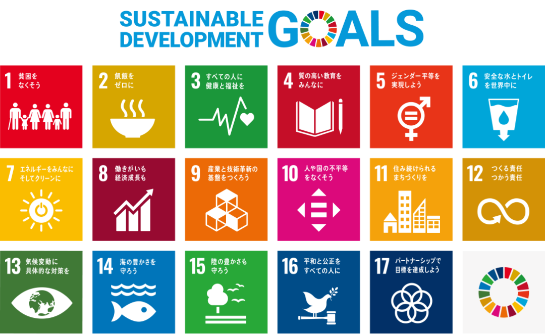 SUSTAINABLE DEVELOPMENT GOALS 世界を変えるための17の目標 1 貧困をなくそう 2 飢餓をゼロに 3 すべての人に健康と福祉を 4 質の高い教育をみんなに 5 ジェンダー平等を実現しよう 6 安全な水とトイレを世界中に 7 エネルギーをみんなにそしてクリーンに 8 働きがいも経済成長も 9 産業と技術革新の基盤をつくろう 10 人や国の不平等をなくそう 11 住み続けられるまちづくりを 12 つくる責任つかう責任 13 気候変動に具体的な対策を 14 海の豊かさを守ろう 15 陸の豊かさも守ろう 16 平和と公正をすべての人に 17 パートナーシップで目標を達成しよう SUSTAINABLE DEVELOPMENT GOALS 2030年に向けて世界が合意した「持続可能な開発目標」です